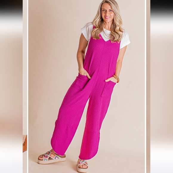 Ces Femme Pants - Ces Femme Waffle Textured Knit Jumpsuit in Magenta - L